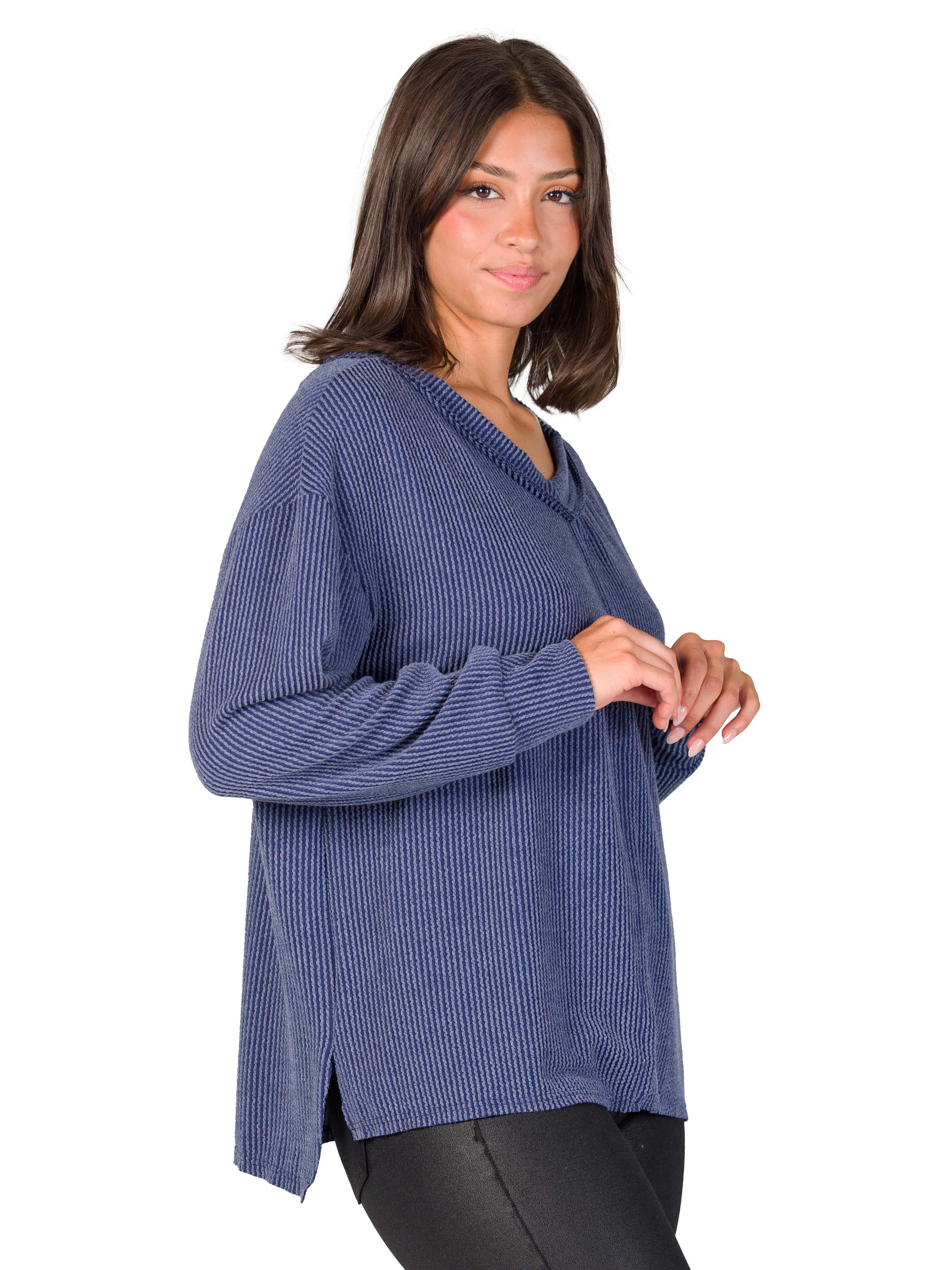 Relaxed Fit Ribbed Knit V Neck Sweater Top