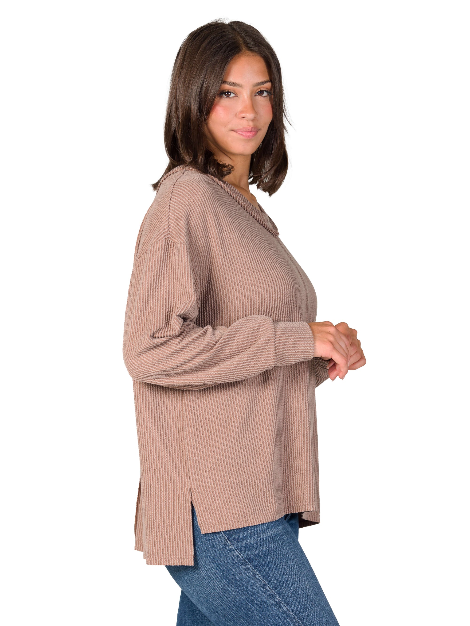 Relaxed Fit Ribbed Knit V Neck Sweater Top