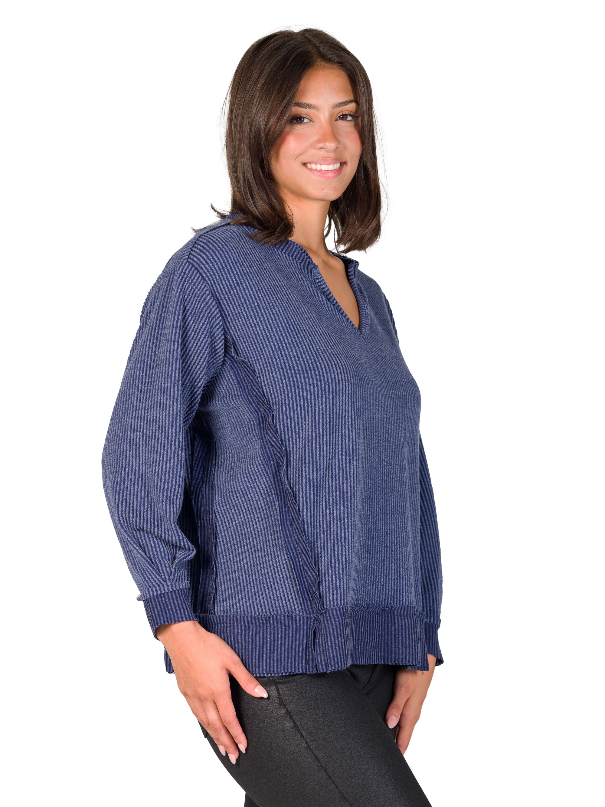 Relaxed Fit Ribbed Knit V Neck Sweatshirt Top