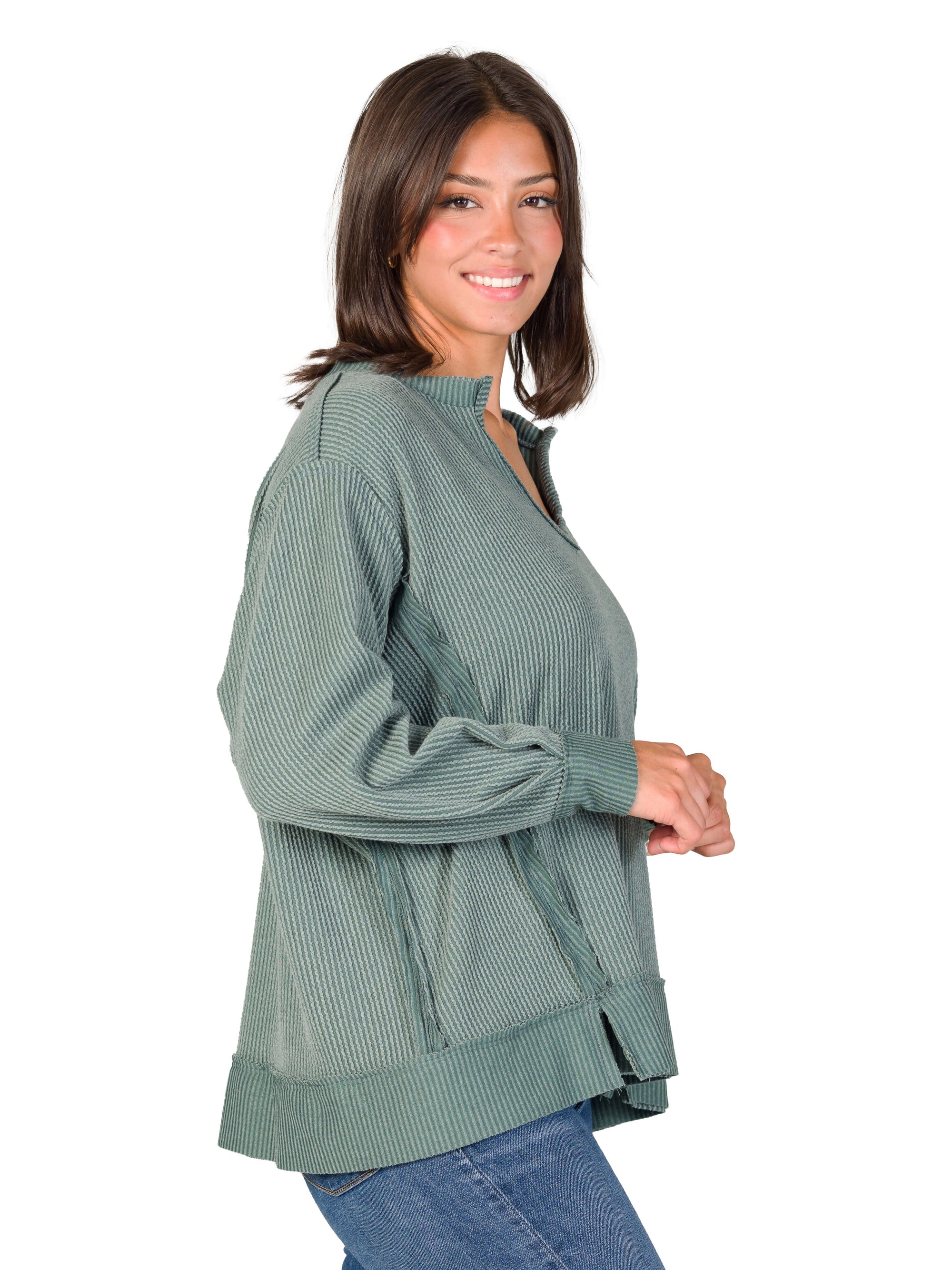 Relaxed Fit Ribbed Knit V Neck Sweatshirt Top