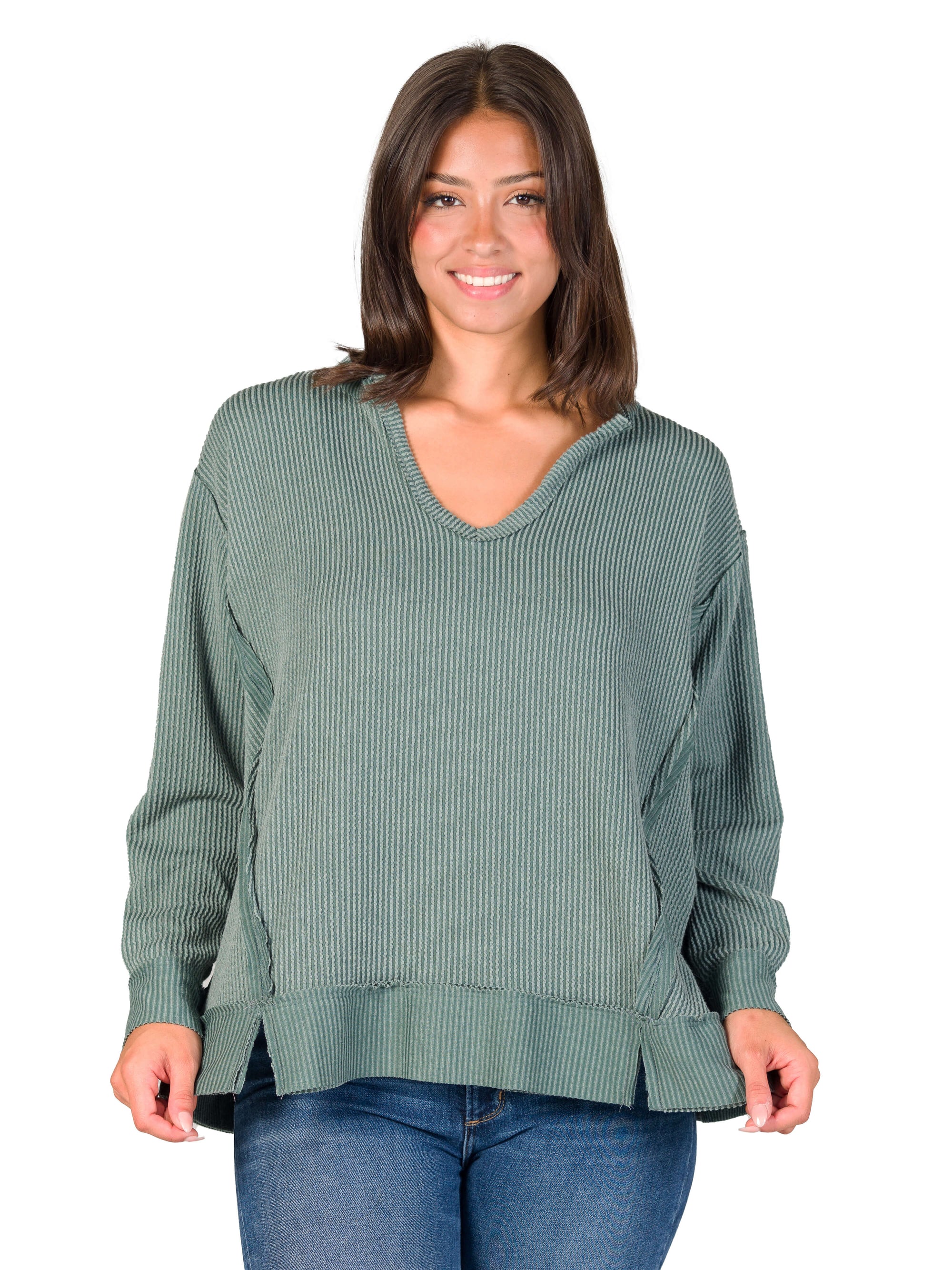 Relaxed Fit Ribbed Knit V Neck Sweatshirt Top