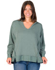 Relaxed Fit Ribbed Knit V Neck Sweatshirt Top