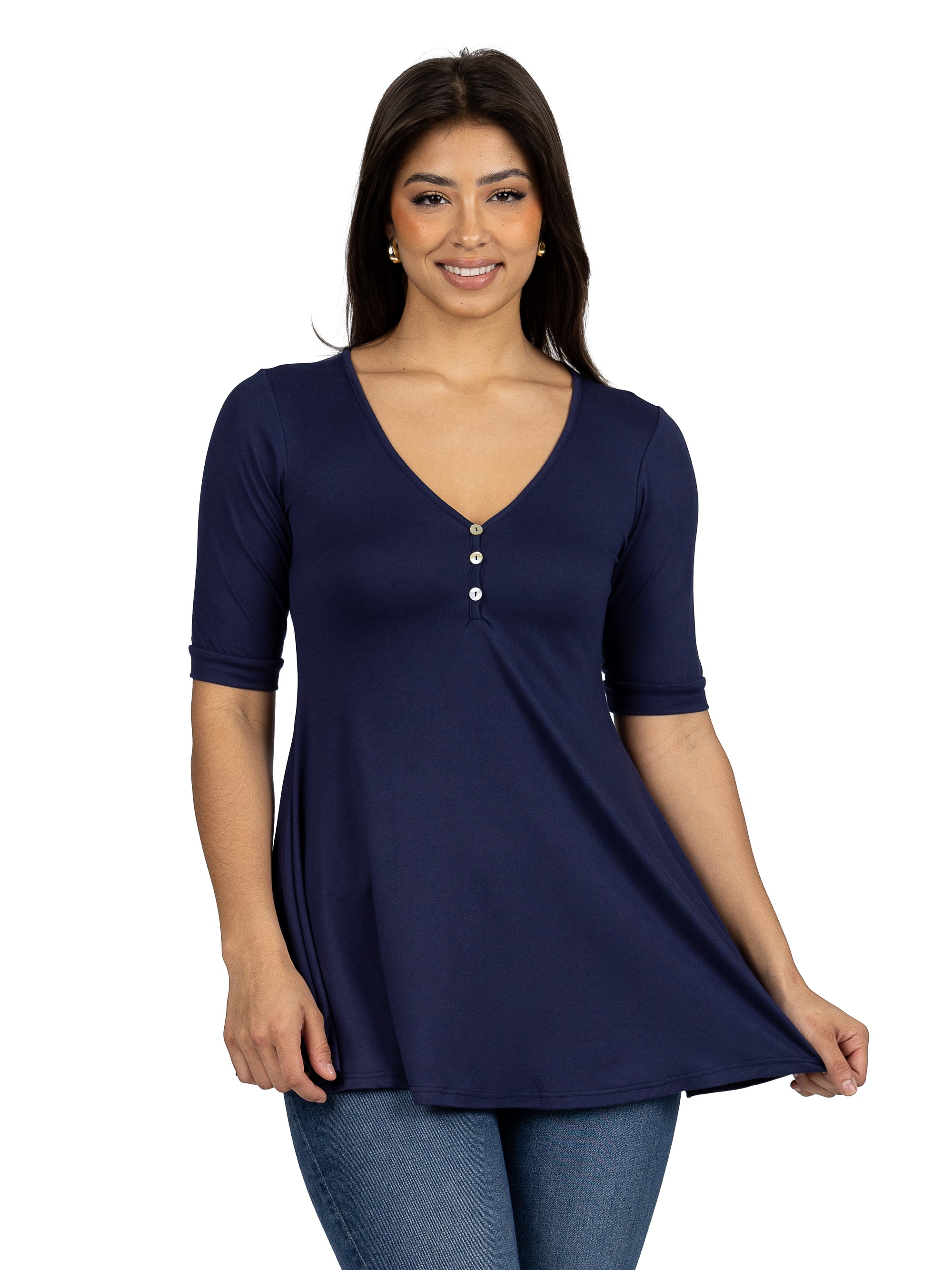 24seven Comfort Apparel Short Sleeve Tunic Top with Button Detail