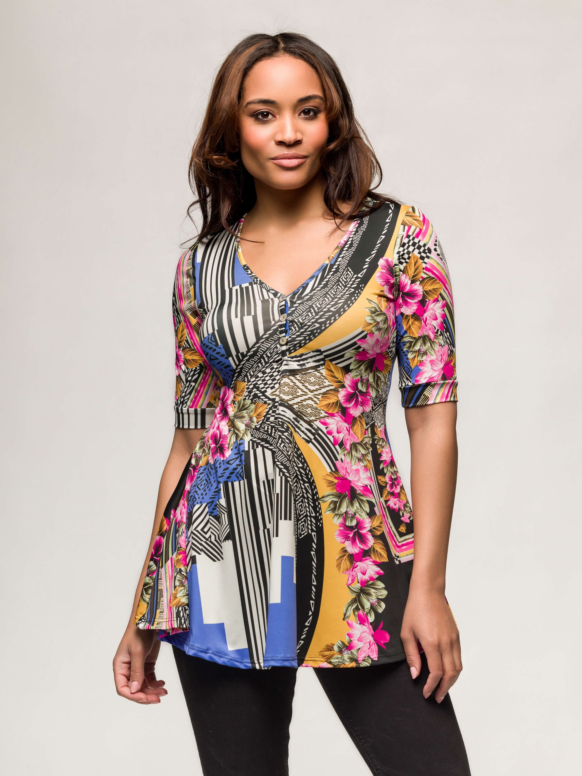 24seven Comfort Apparel Multicolor Floral Print Elbow Sleeve V Neck Henley Tunic Top