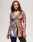 24seven Comfort Apparel Multicolor Floral Print Elbow Sleeve V Neck Henley Tunic Top