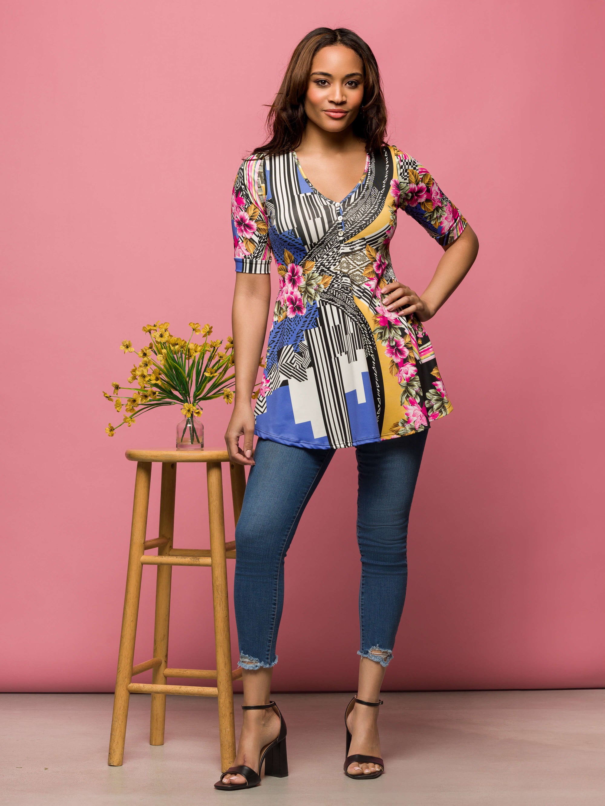 24seven Comfort Apparel Multicolor Floral Print Elbow Sleeve V Neck Henley Tunic Top