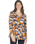 Orange Print Long Sleeve V Neck Tunic Top