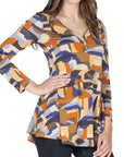 Orange Print Long Sleeve V Neck Tunic Top