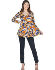 Orange Print Long Sleeve V Neck Tunic Top
