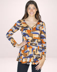 Orange Print Long Sleeve V Neck Tunic Top