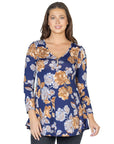 Blue Floral Long Sleeve V Neck Tunic Top