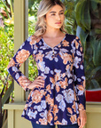 Blue Floral Long Sleeve V Neck Tunic Top