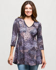 24seven Comfort Apparel Gray Abstract Print V Neck three quarter Sleeve Tunic Top