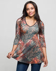 24seven Comfort Apparel Animal Print V Neck Three Quarter Sleeve Tunic Top