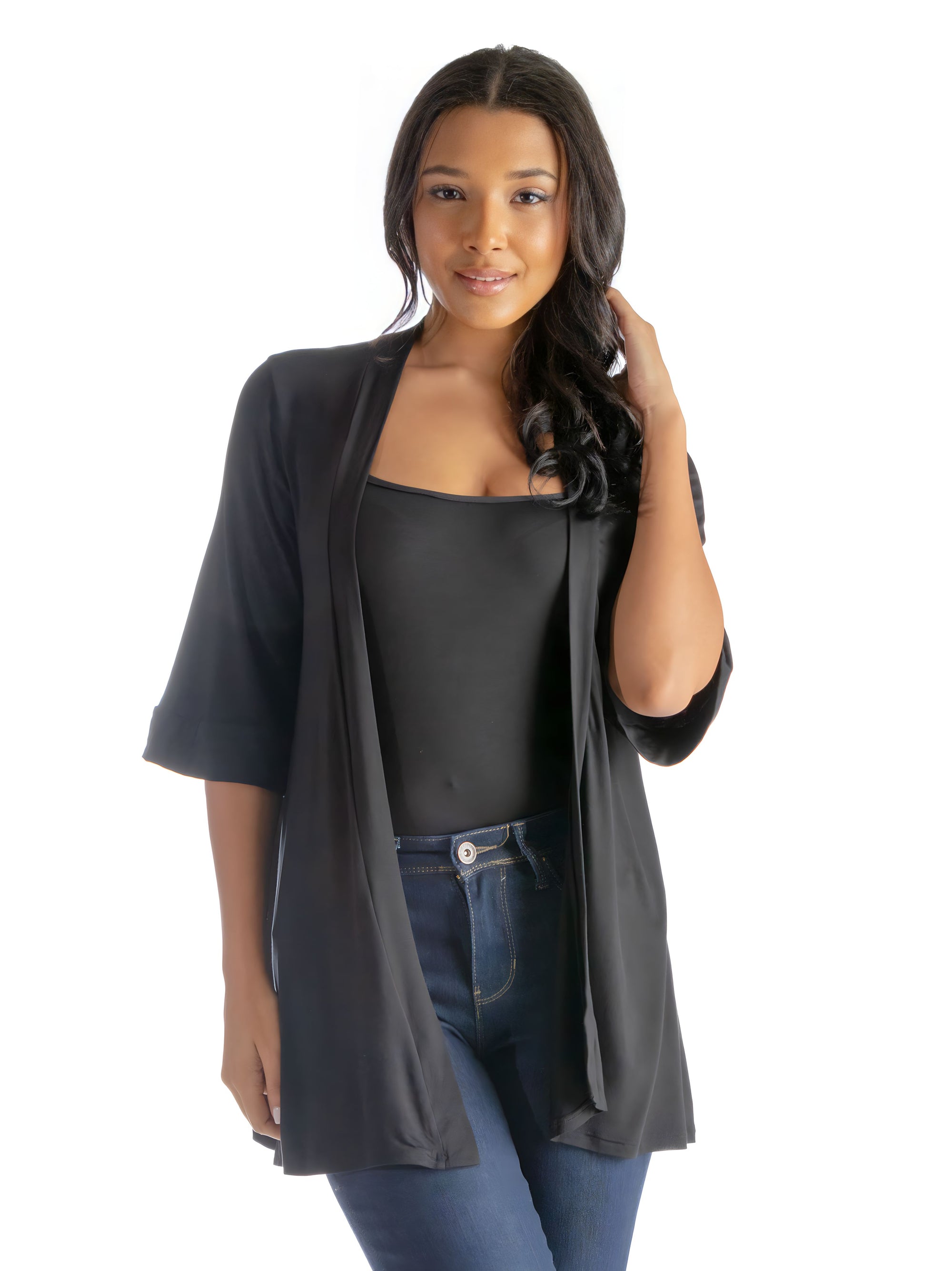 Open Front Elbow Length Sleeve Womens Cardigan