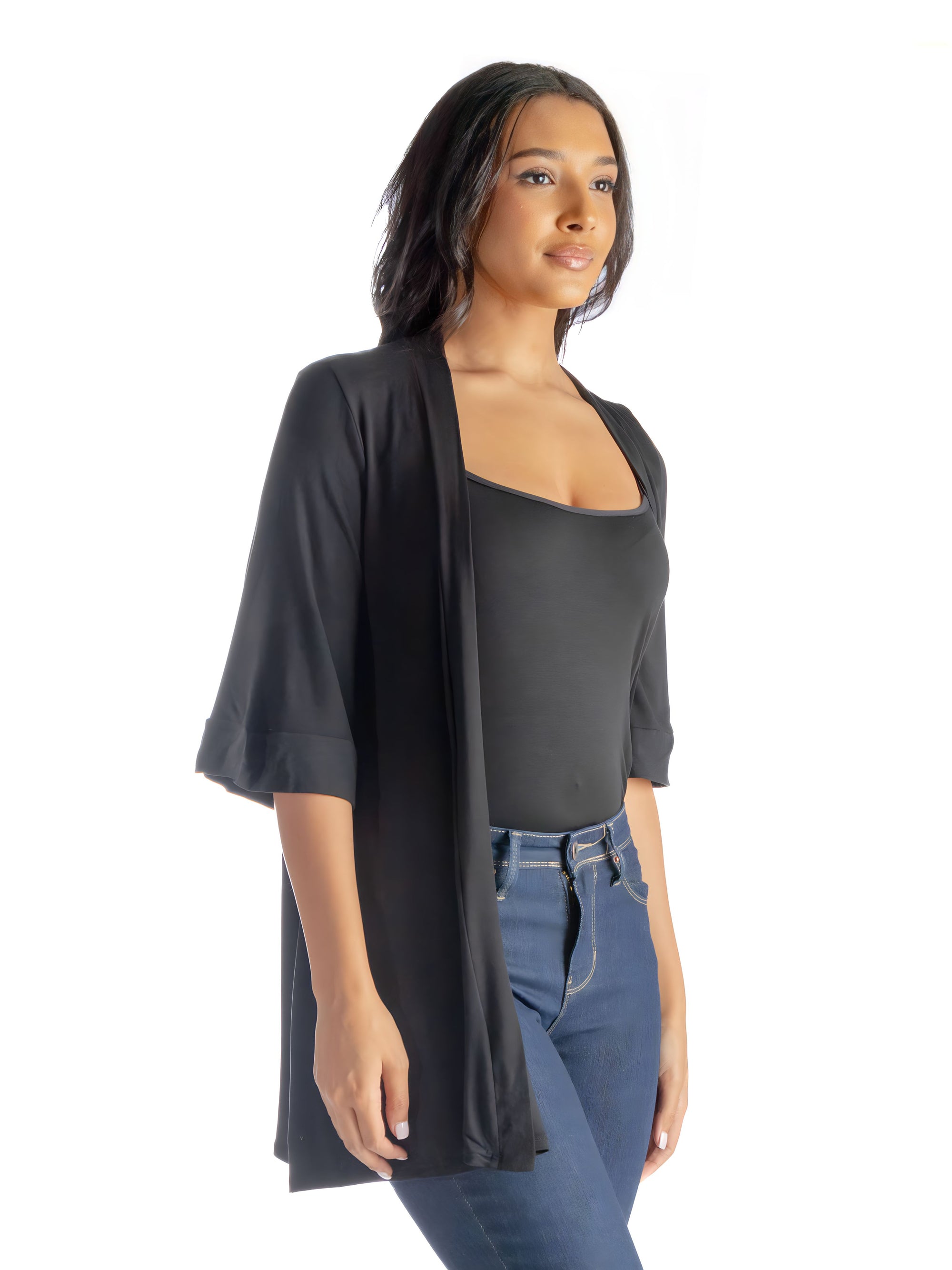 Open Front Elbow Length Sleeve Womens Cardigan