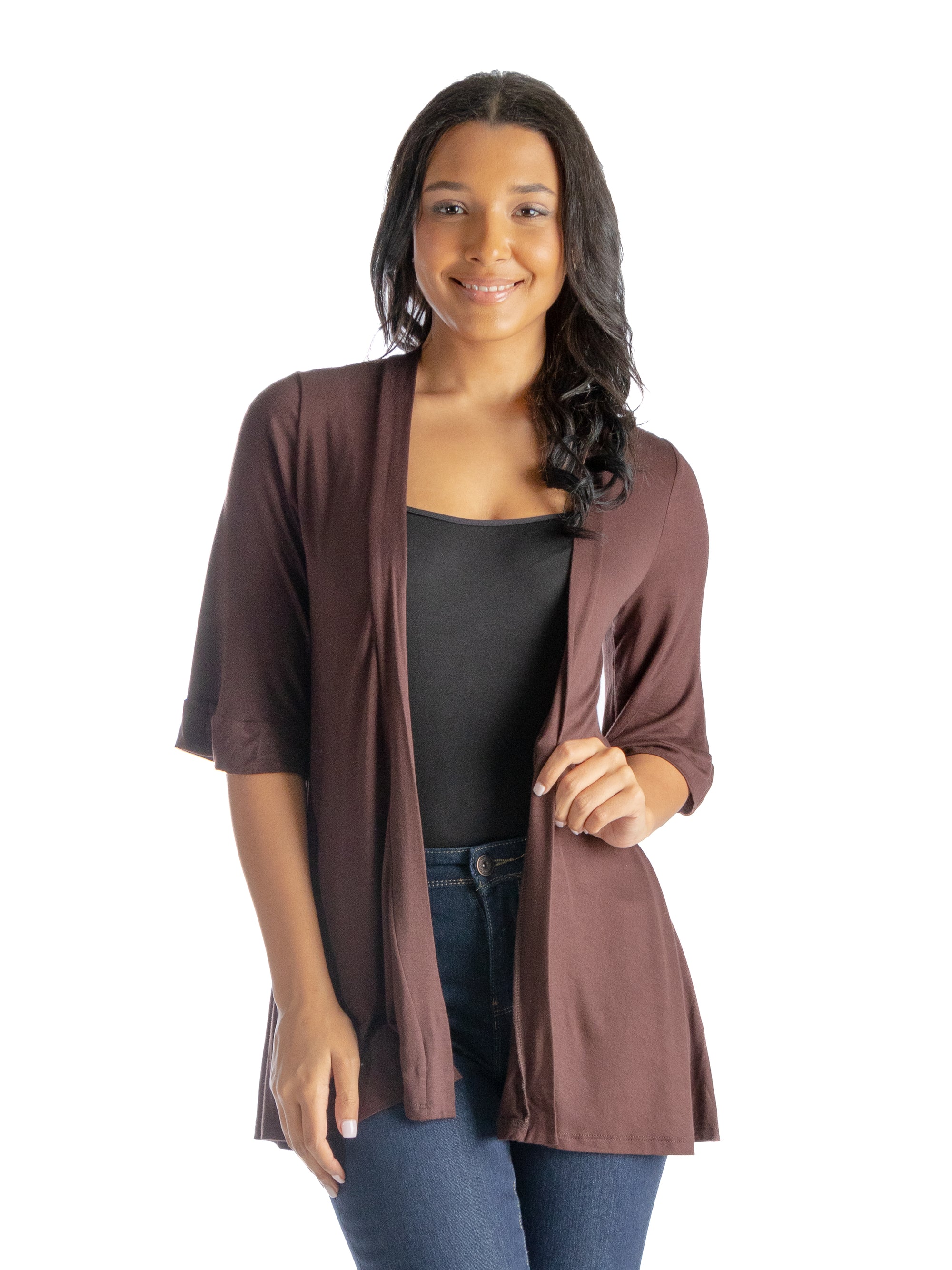 Open Front Elbow Length Sleeve Womens Cardigan