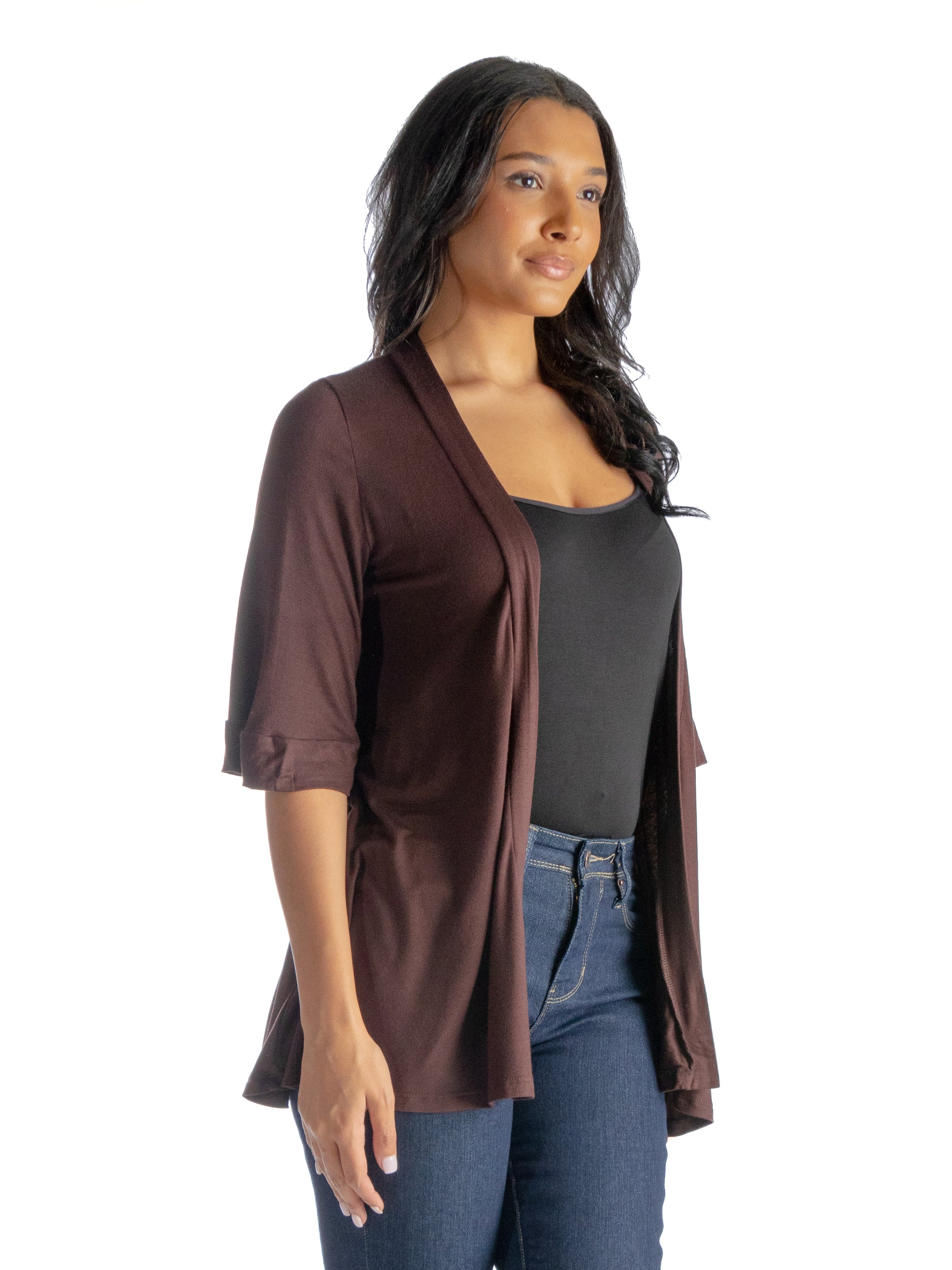 Open Front Elbow Length Sleeve Womens Cardigan
