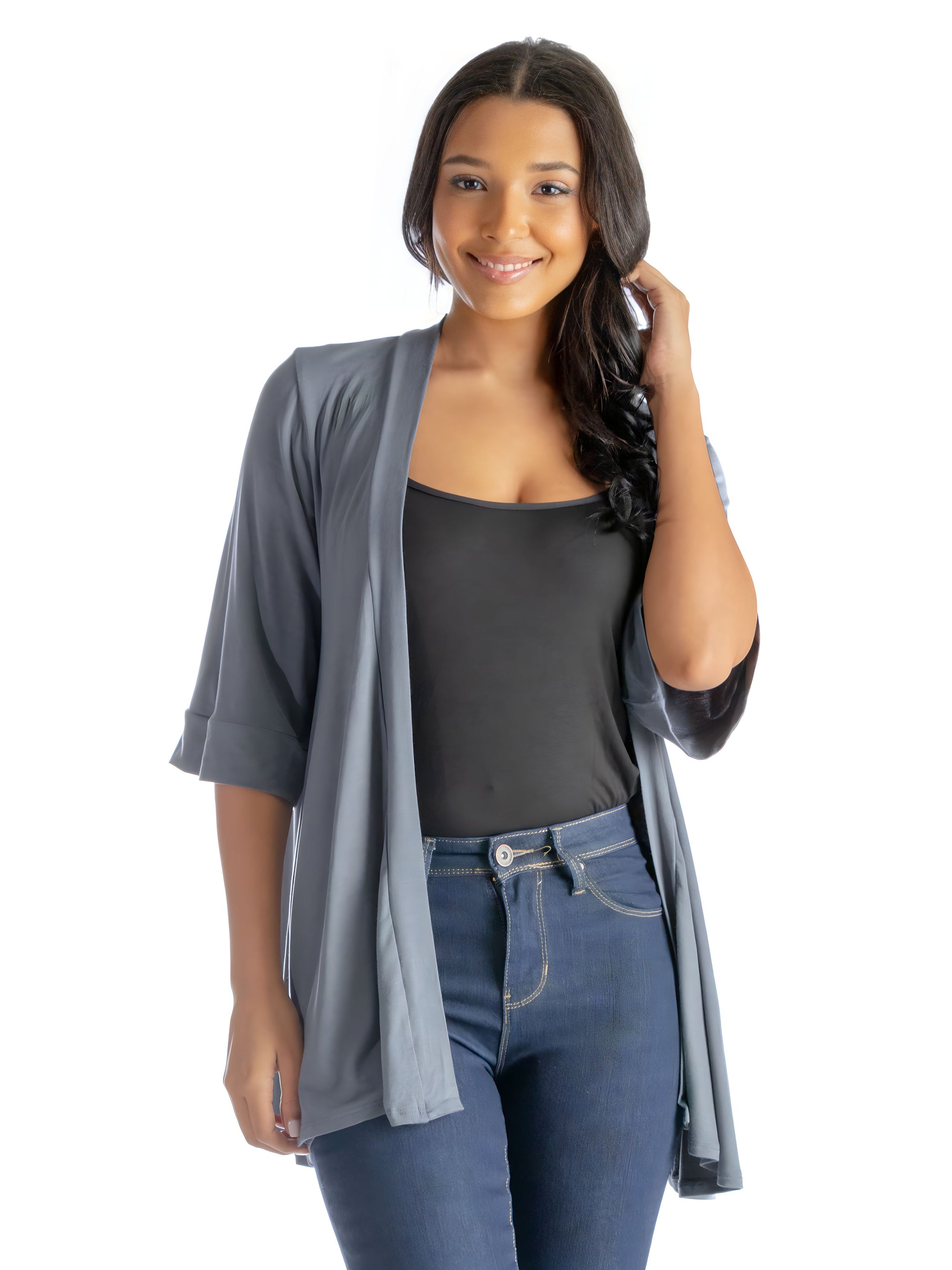 Open Front Elbow Length Sleeve Womens Cardigan
