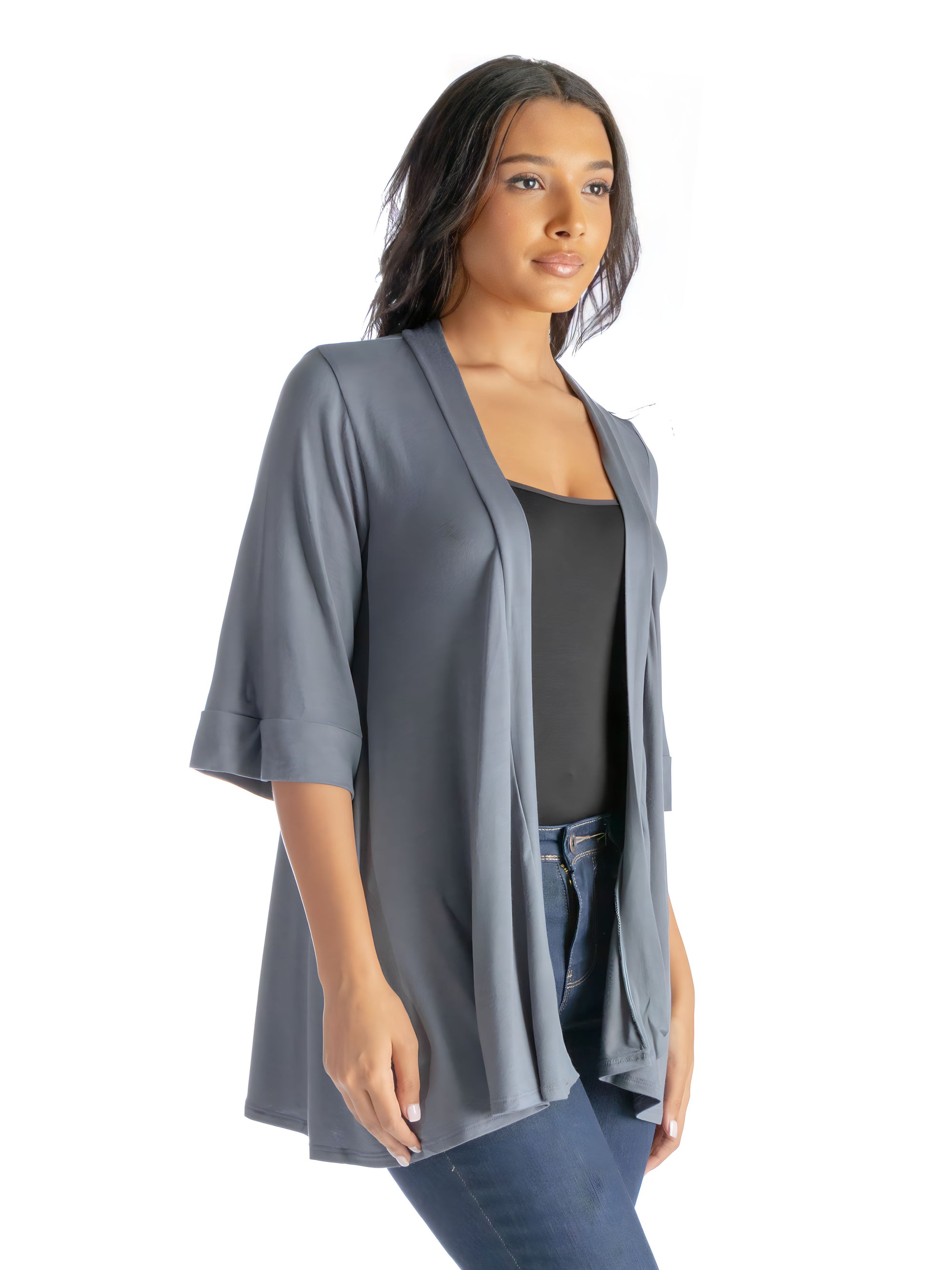 Open Front Elbow Length Sleeve Womens Cardigan