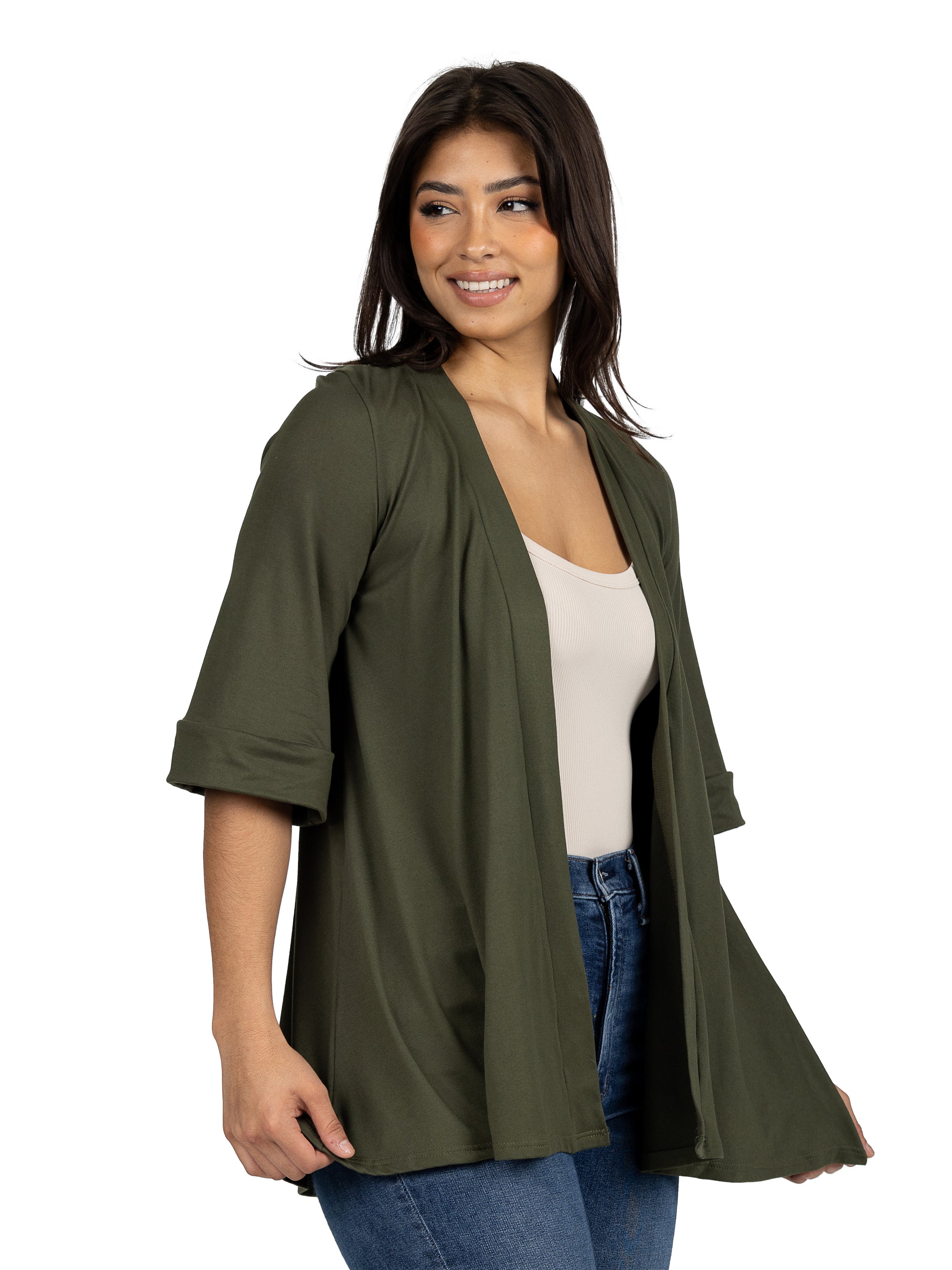 Open Front Elbow Length Sleeve Womens Cardigan