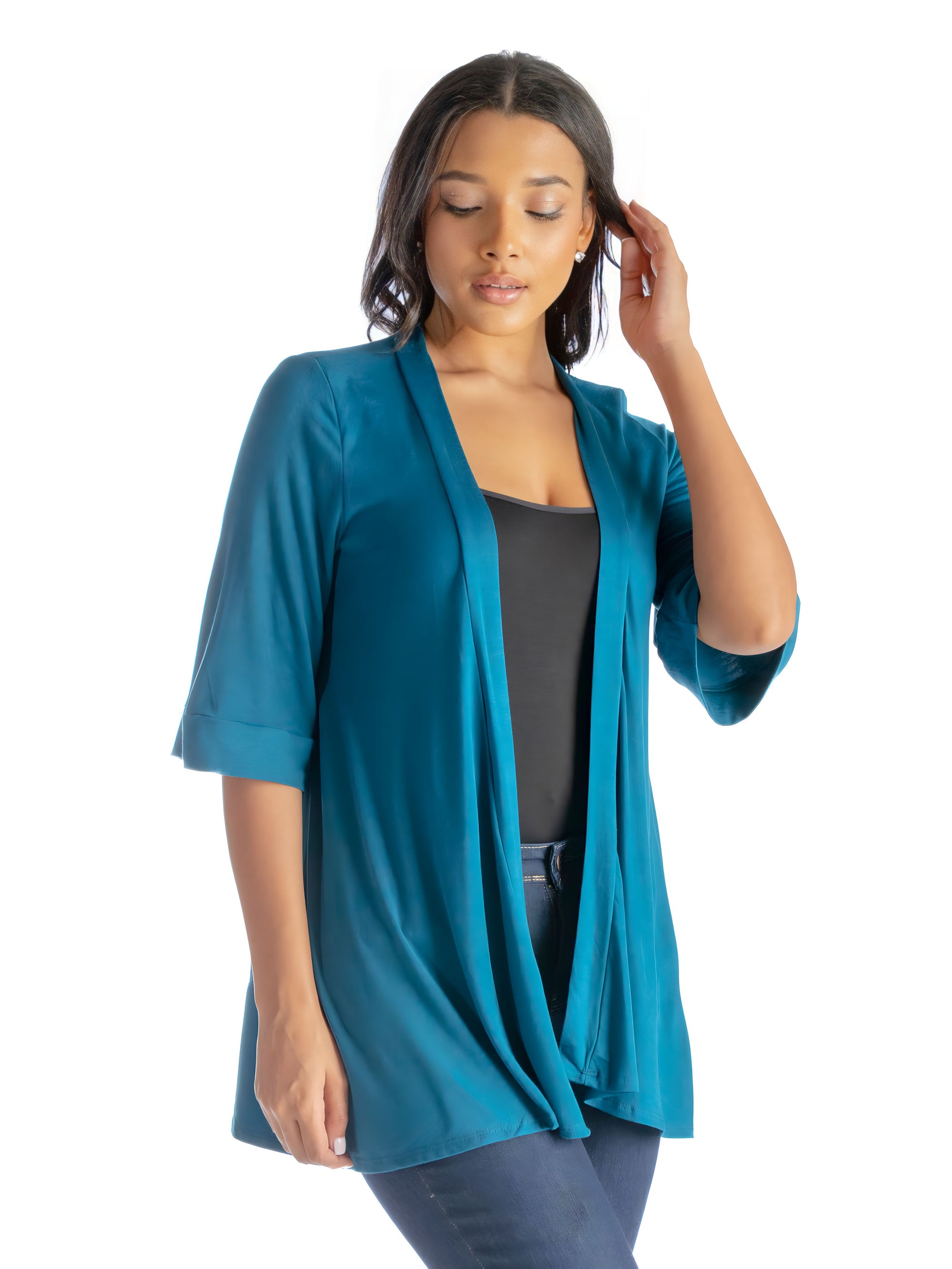 Open Front Elbow Length Sleeve Womens Cardigan