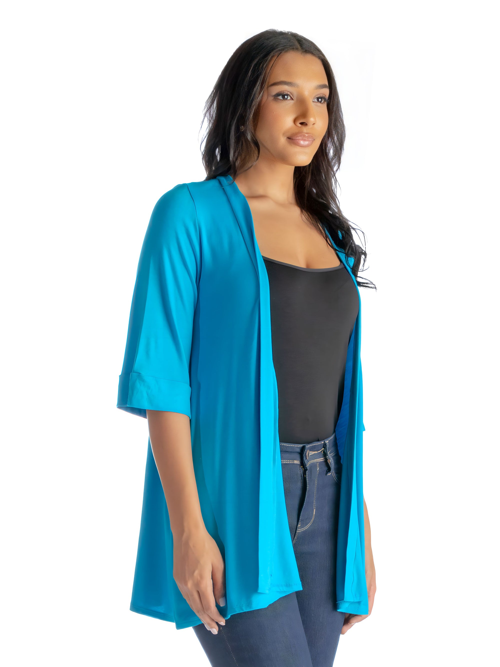 Open Front Elbow Length Sleeve Womens Cardigan