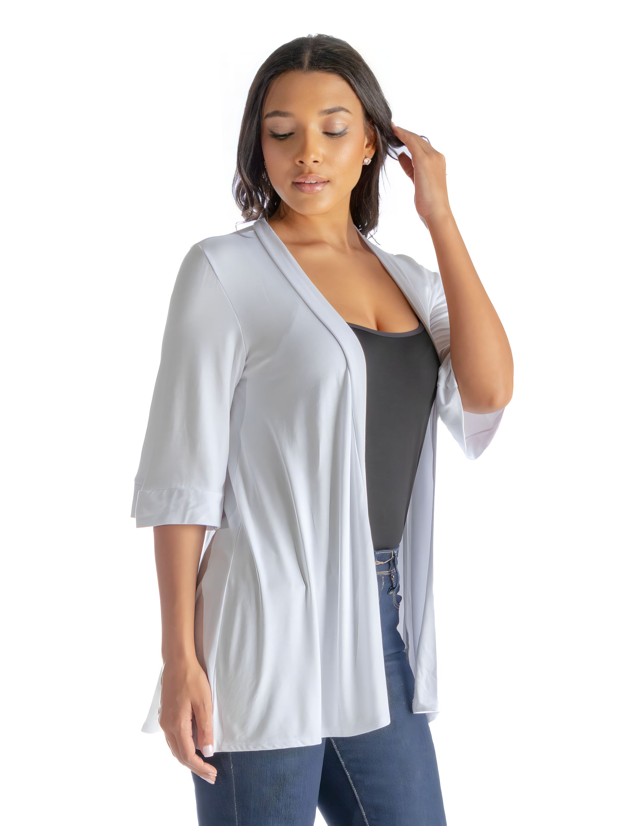 Open Front Elbow Length Sleeve Womens Cardigan