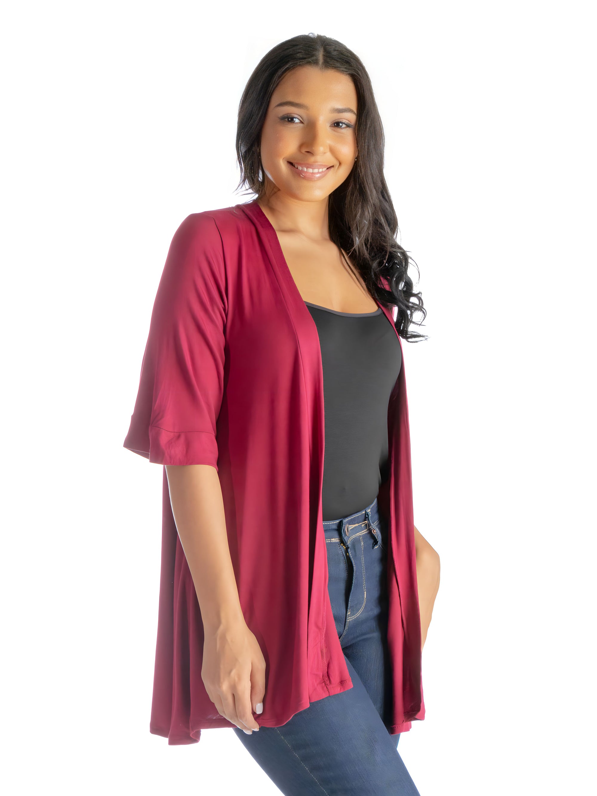 Open Front Elbow Length Sleeve Womens Cardigan