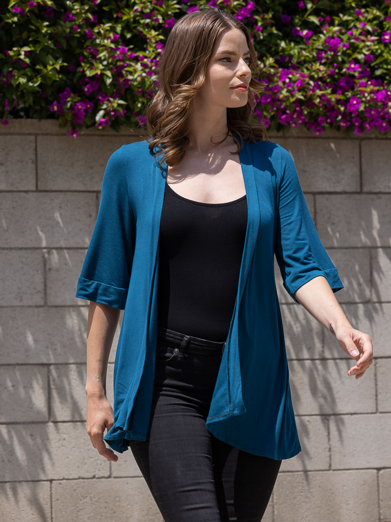 Open Front Elbow Length Sleeve Womens Cardigan