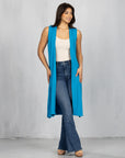 Sleeveless Long Cardigan Vest with Side Slit