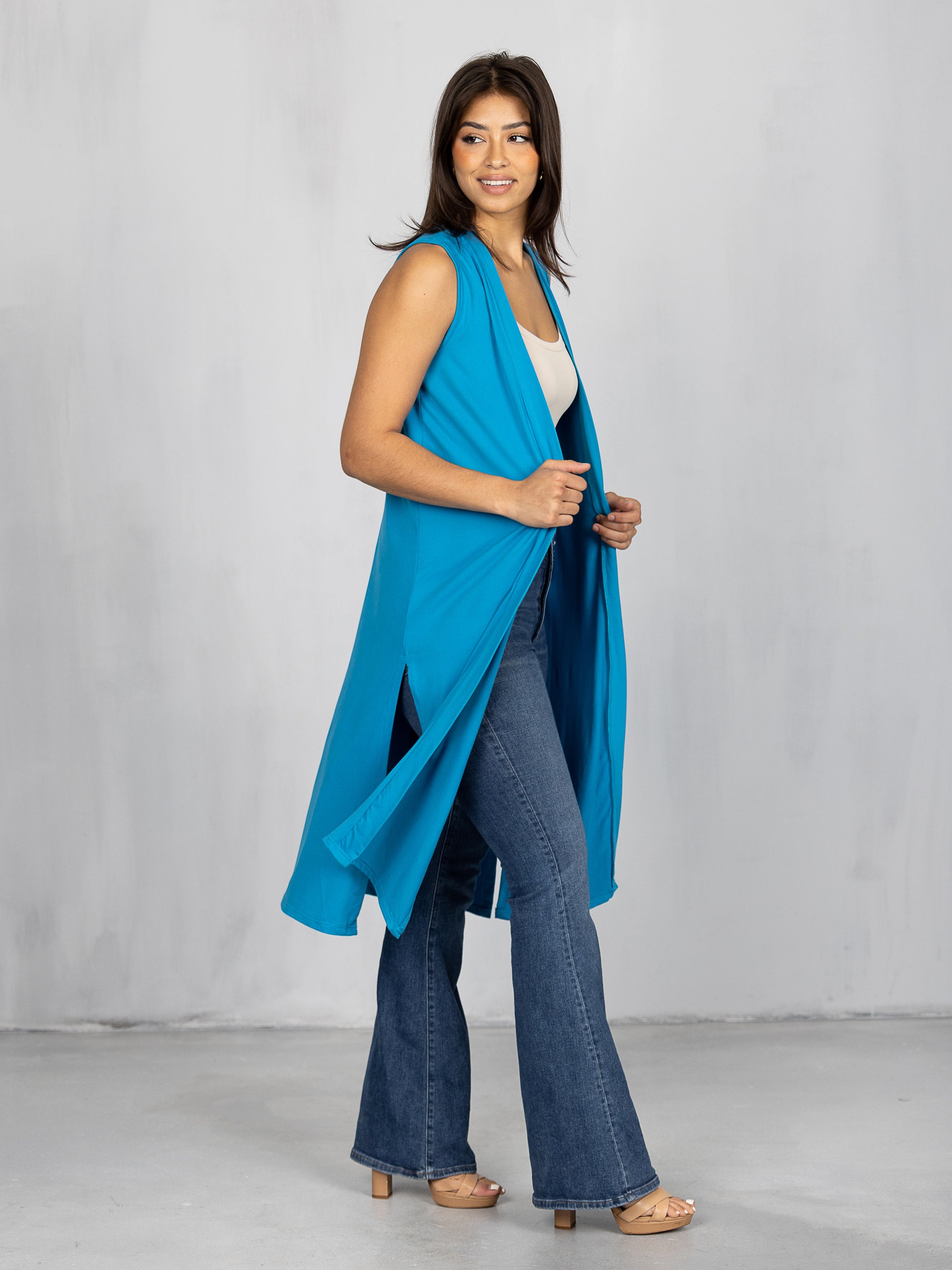 Sleeveless Long Cardigan Vest with Side Slit