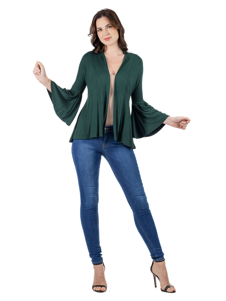 24/7 Comfort Apparel Knit Three Quarter Bell Sleeve Plus Size Open Cardigan Wine / 3X