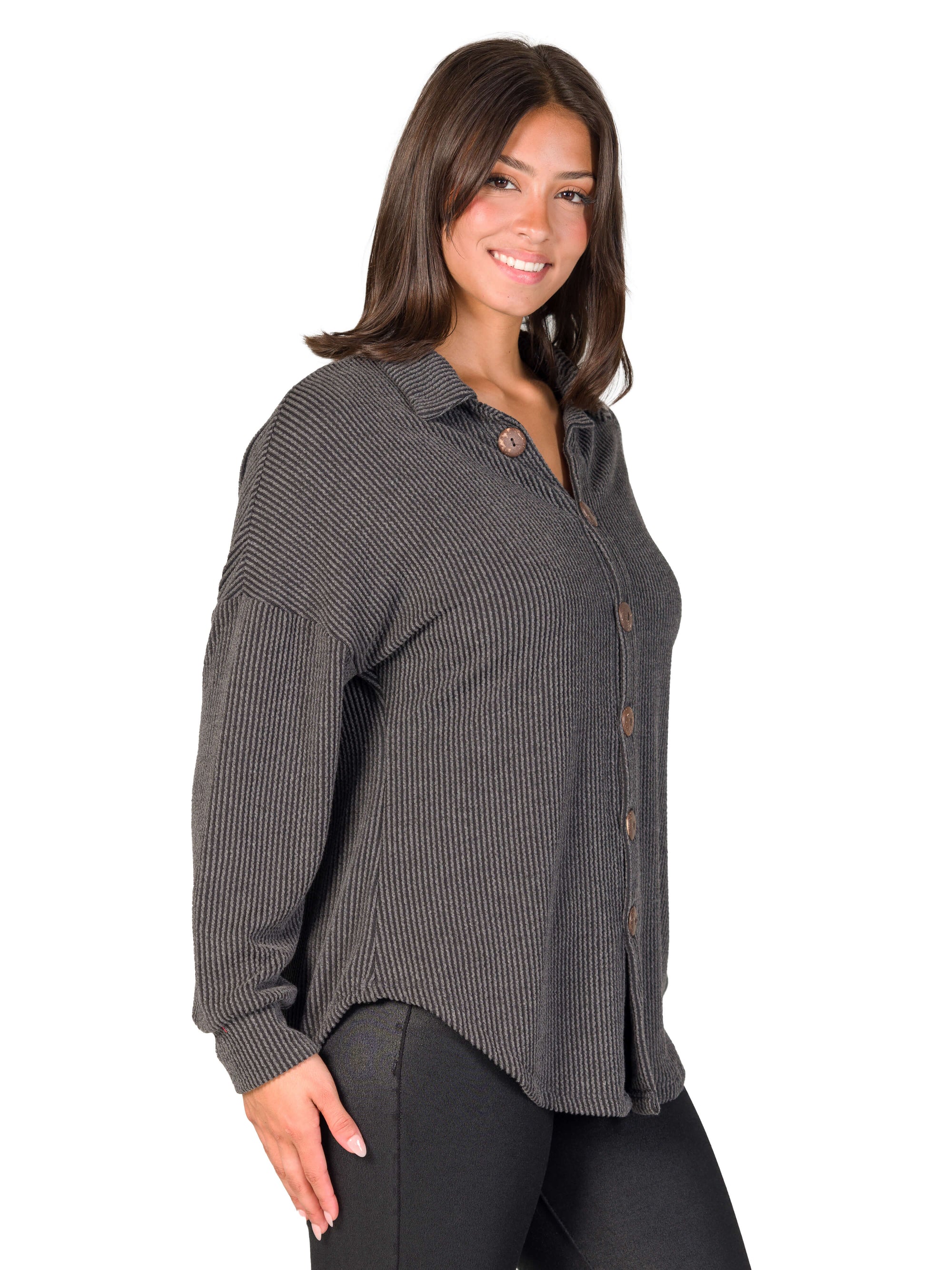 Ribbed Button Up Long Sleeve Collared Shirt Jacket