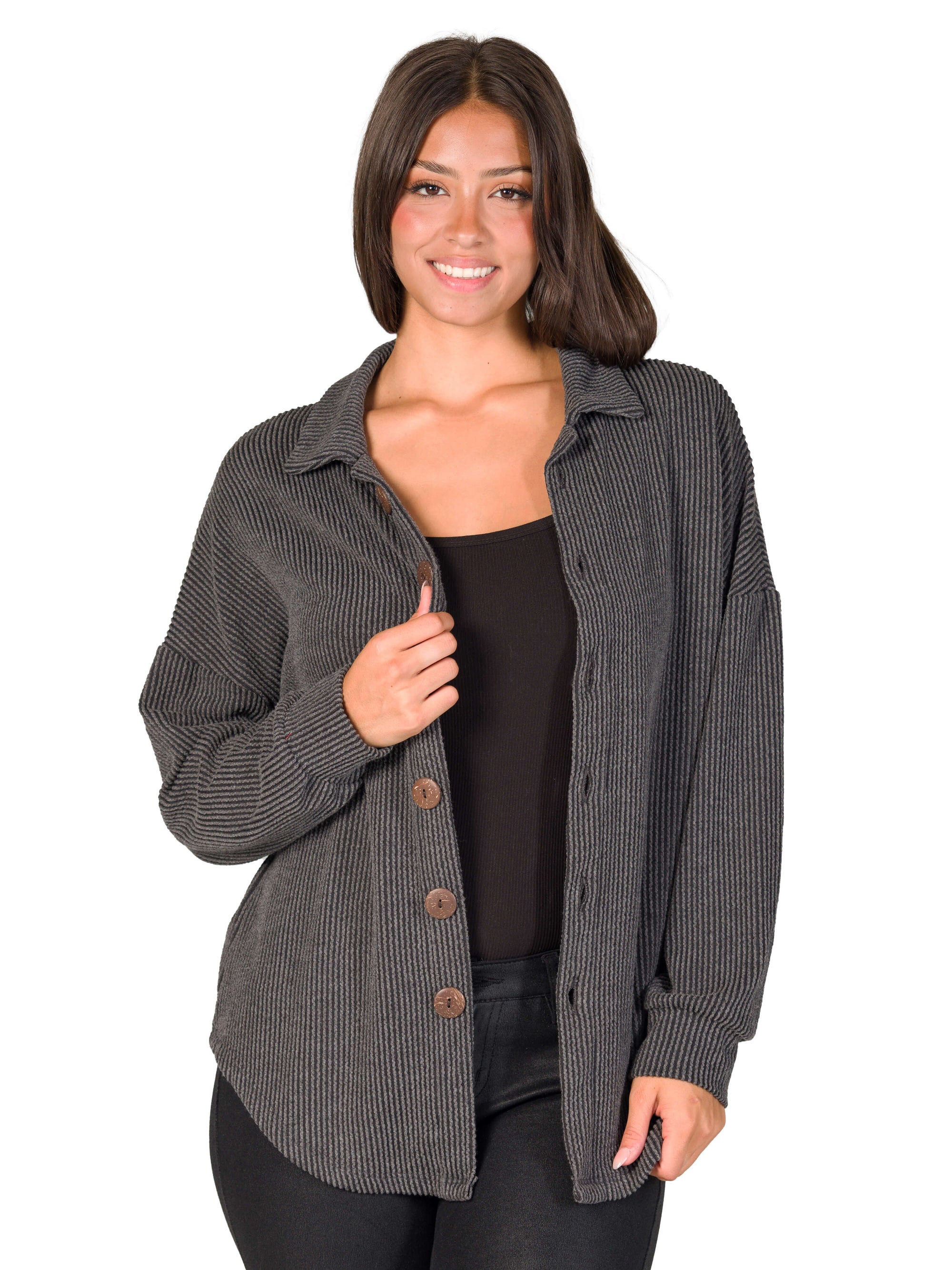 Ribbed Button Up Long Sleeve Collared Shirt Jacket