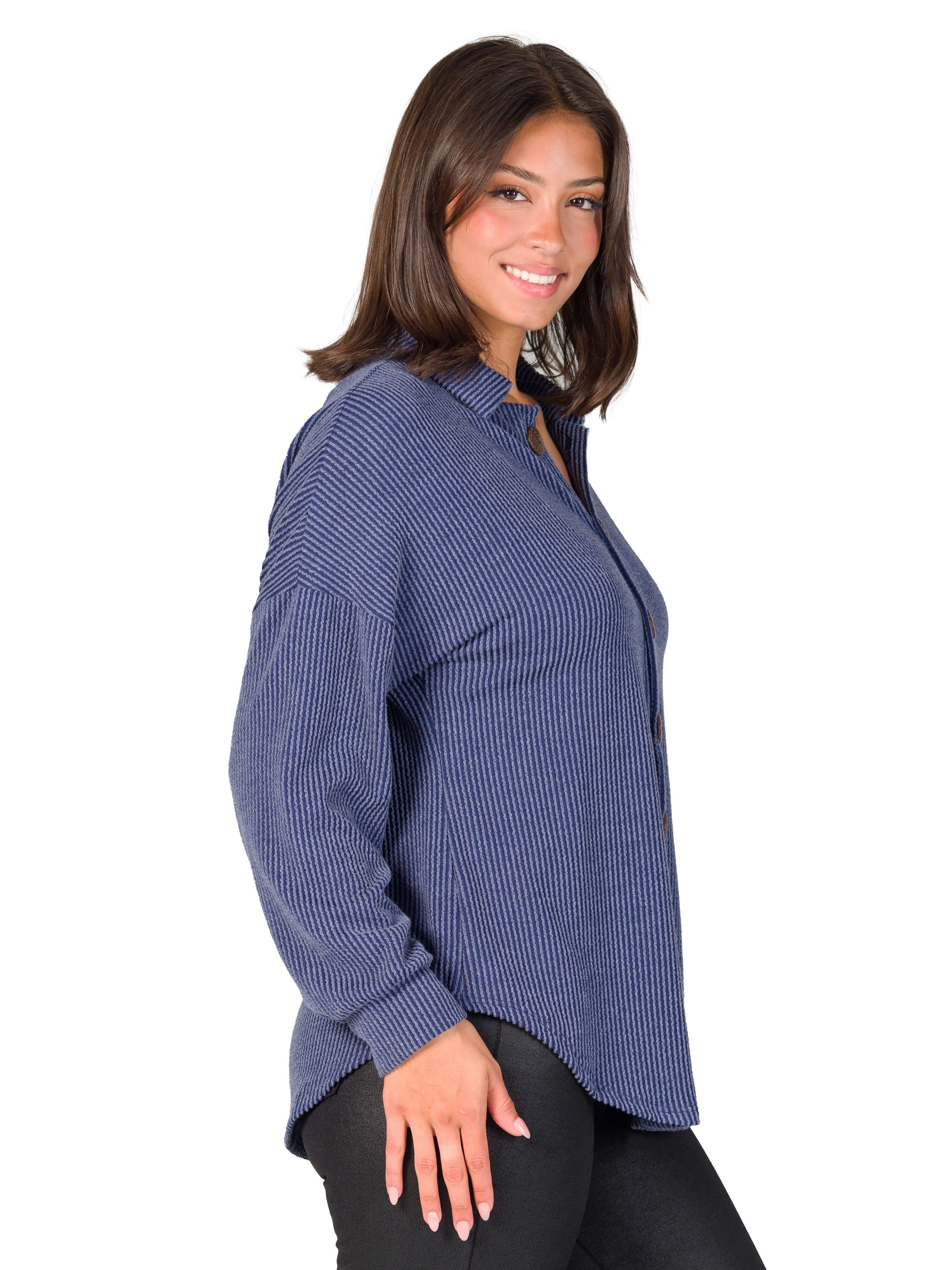 Ribbed Button Up Long Sleeve Collared Shirt Jacket