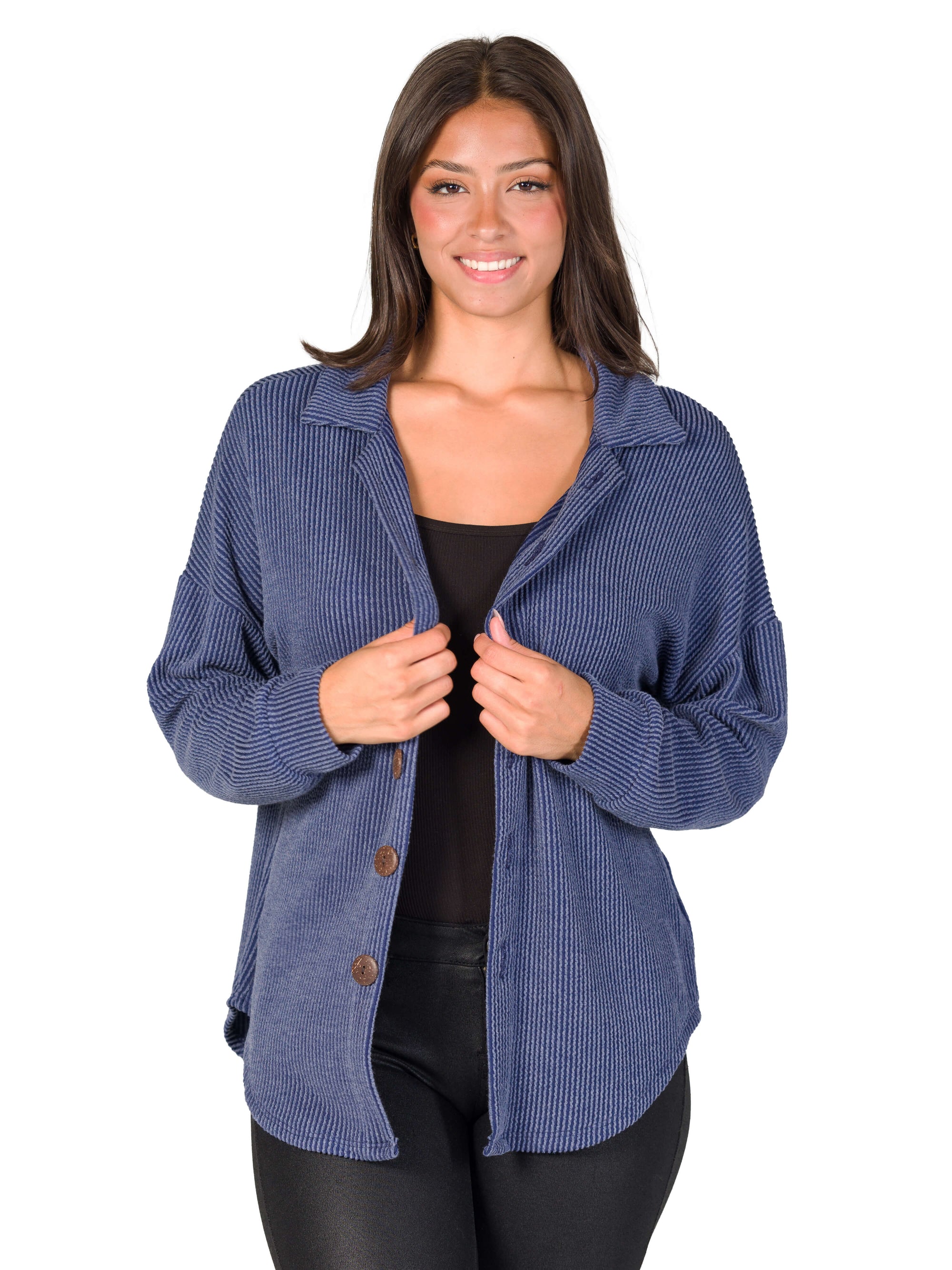 Ribbed Button Up Long Sleeve Collared Shirt Jacket