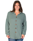 Ribbed Button Up Long Sleeve Collared Shirt Jacket