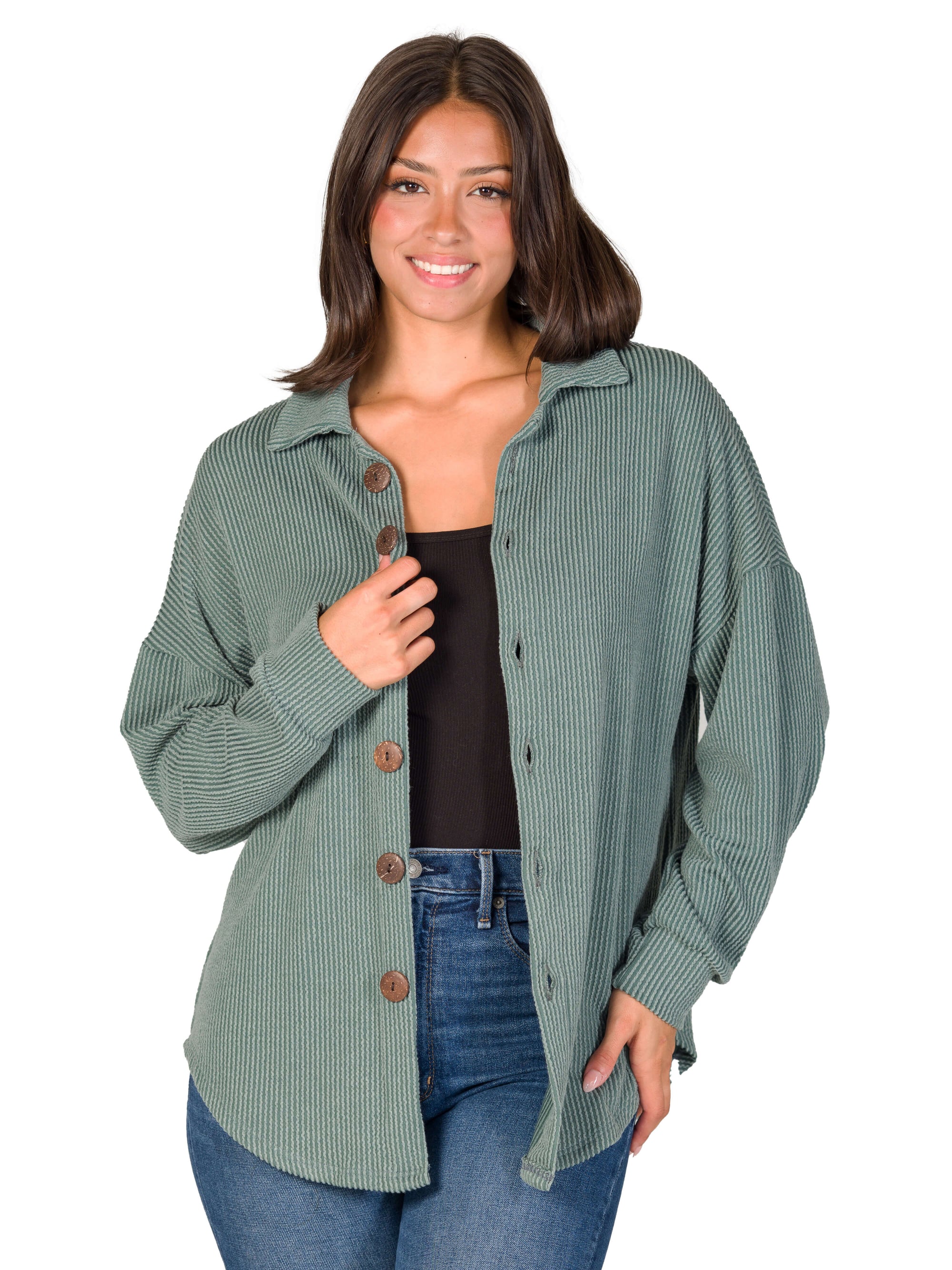 Ribbed Button Up Long Sleeve Collared Shirt Jacket