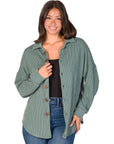 Ribbed Button Up Long Sleeve Collared Shirt Jacket