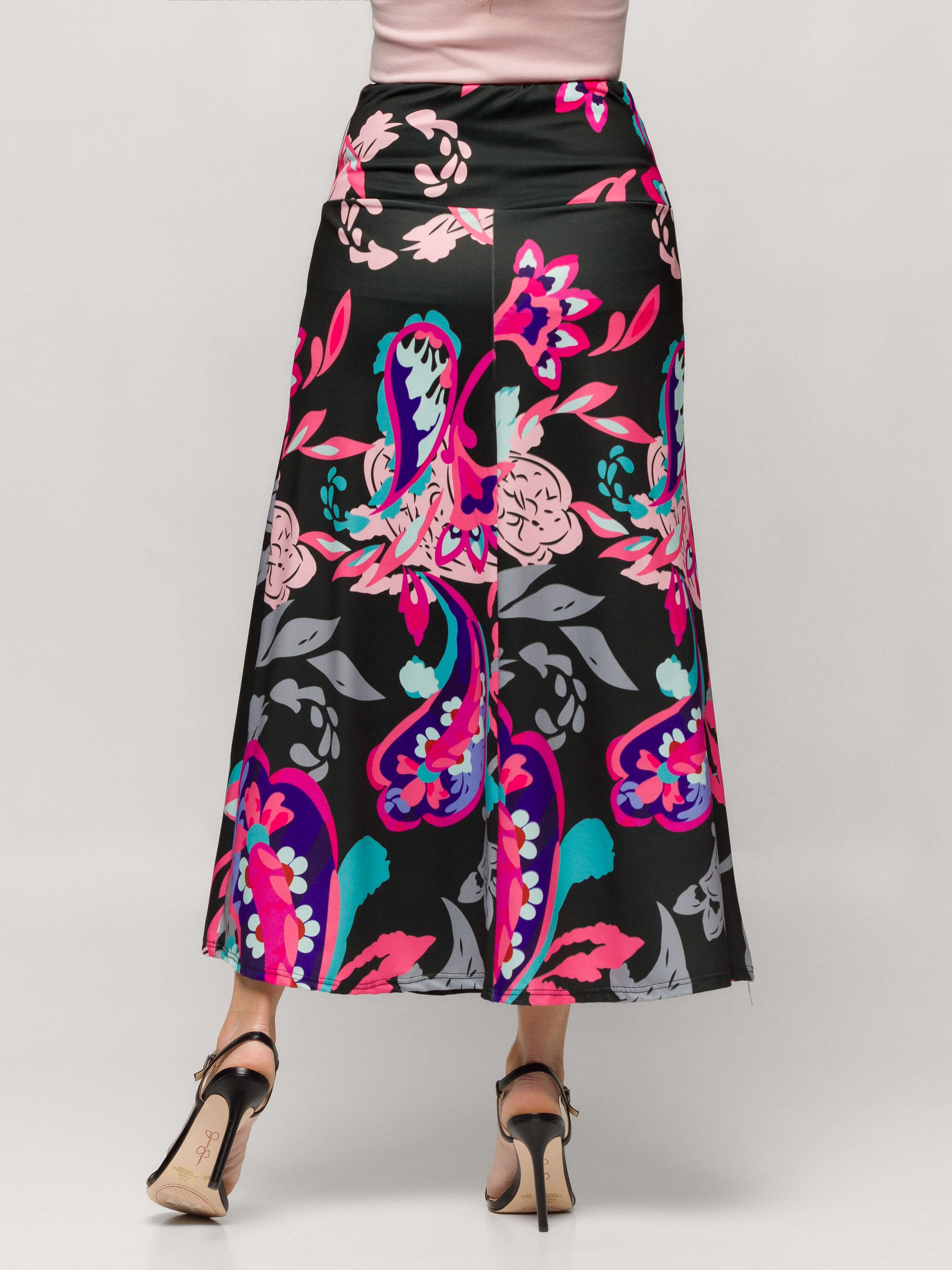 24seven Comfort Apparel Womens Black and Pink Paisley Elastic Waist A Line Maxi Skirt