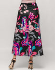 24seven Comfort Apparel Womens Black and Pink Paisley Elastic Waist A Line Maxi Skirt