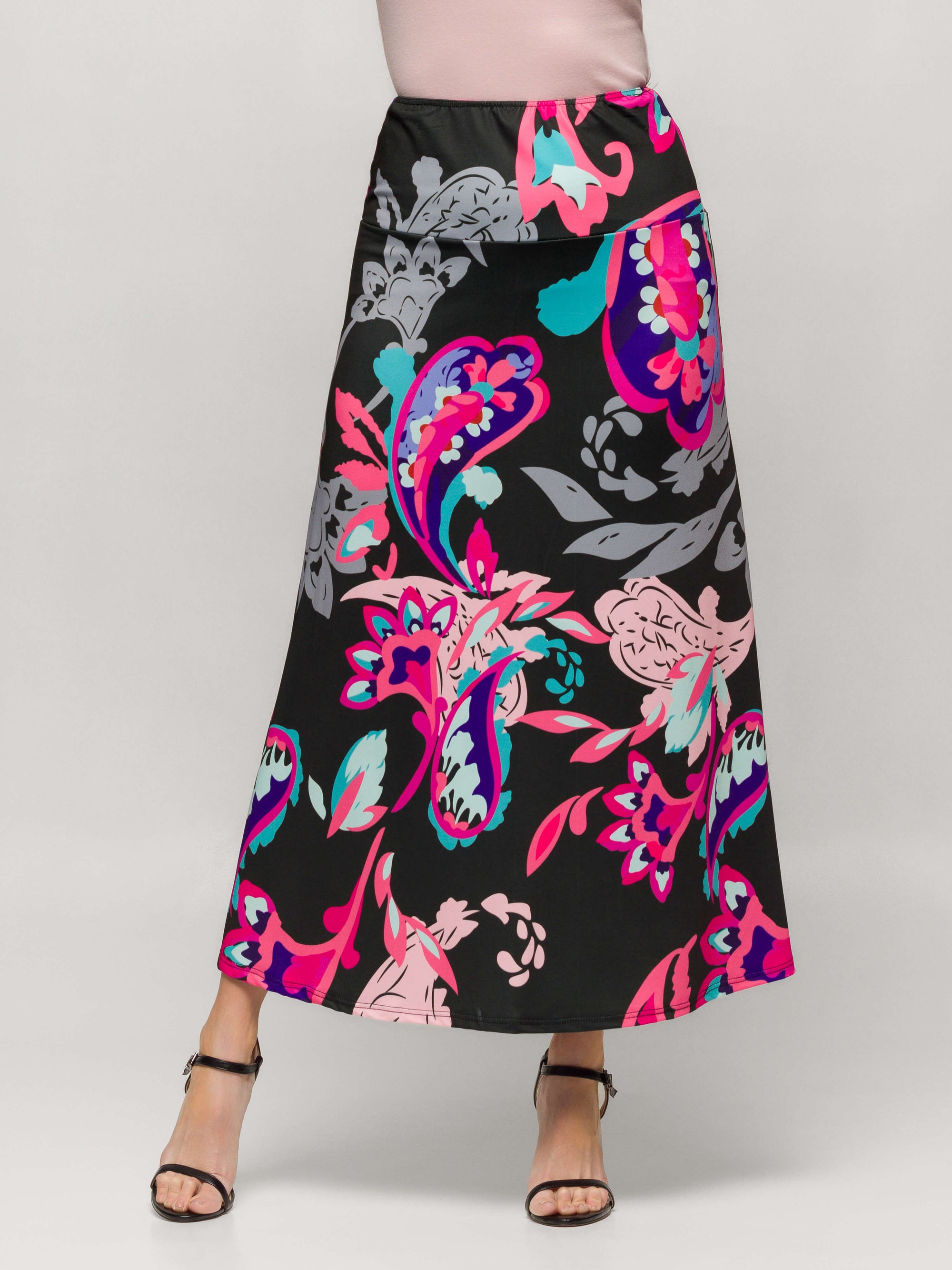 24seven Comfort Apparel Womens Black and Pink Paisley Elastic Waist A Line Maxi Skirt