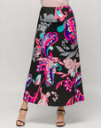 24seven Comfort Apparel Womens Black and Pink Paisley Elastic Waist A Line Maxi Skirt
