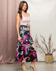 24seven Comfort Apparel Womens Black and Pink Paisley Elastic Waist A Line Maxi Skirt