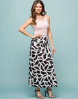 24seven Comfort Apparel Womens Black and White Print Elastic Waist A Line Maxi Skirt