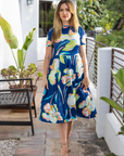 Womens Blue Floral Short Sleeve Pleated Flare Midi Pocket Dress