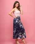 24seven Comfort Apparel Womens Navy Floral Print Elastic Waist A Line Maxi Skirt