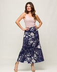 24seven Comfort Apparel Womens Navy Floral Print Elastic Waist A Line Maxi Skirt