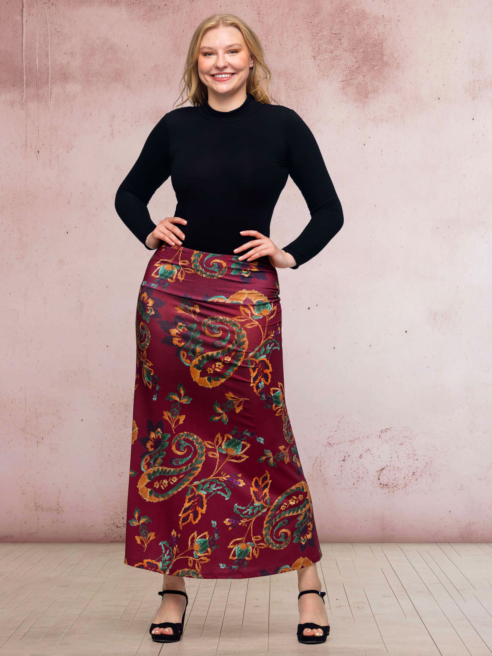 24seven Comfort Apparel Wine Print Elastic Waist A Line Maxi
